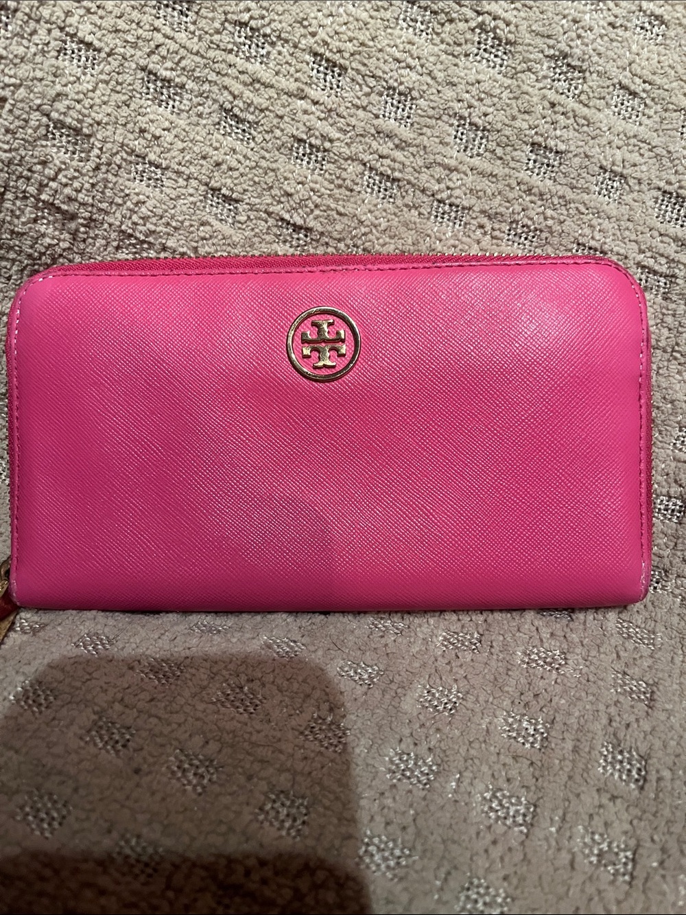 Tory Burch Hot Pink Zip-Around Saffiano Wallet with Logo